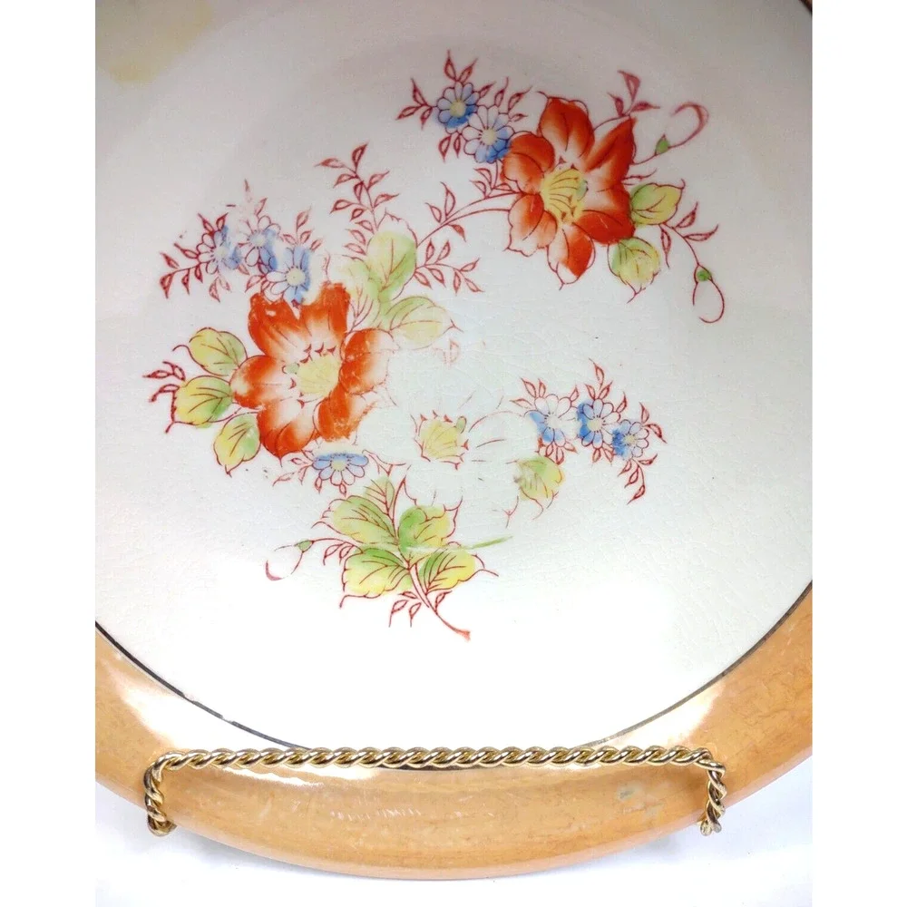 Vintage Japanese Luster Ware Serving Bowl with Floral Center Peach Band 9.5